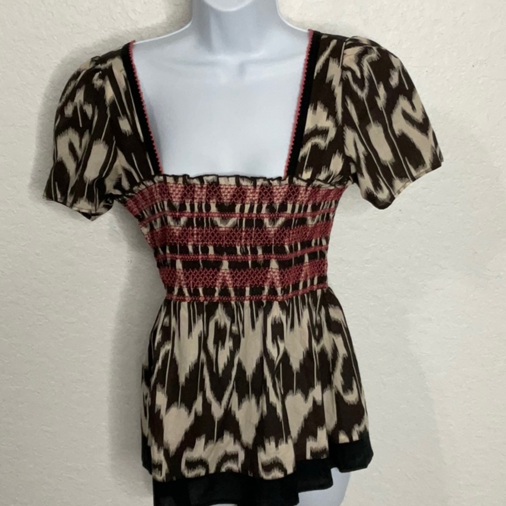 188- Fei by Anthropologie Brown & Cream Short Sleeve Top, Size 12
